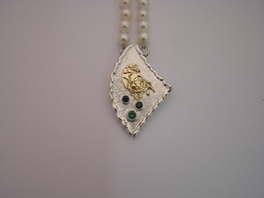 Silver & 18ct gold pendant with 2 Tsavorites and 1 Chrome Tourmaline